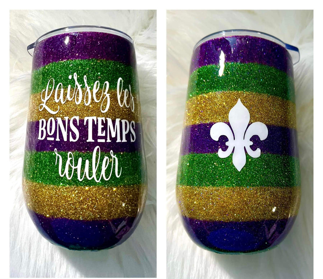 Mardi Gras Striped  Laissez les Bon Temp Rouler Stainless Tumbler 💜💛💚