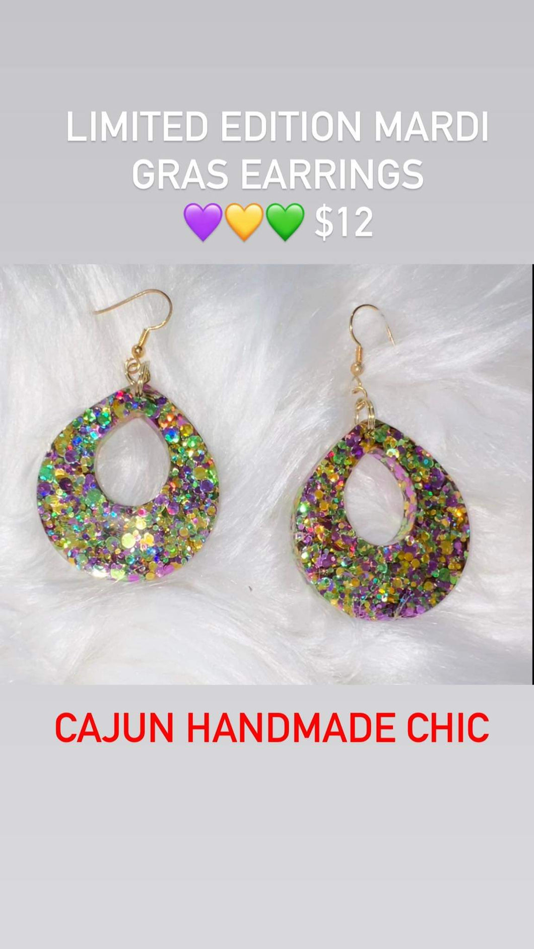 Mardi Gras Large Tear Drop Resin Earrings ⚜️💜💚💛