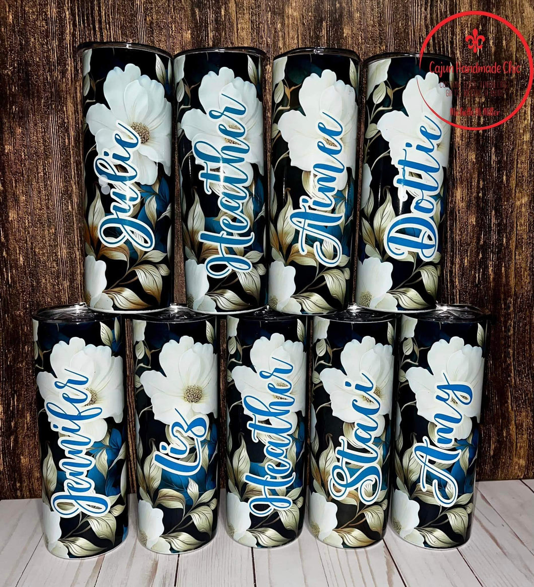 Magnolia Print Custom Name Skinny Tumbler