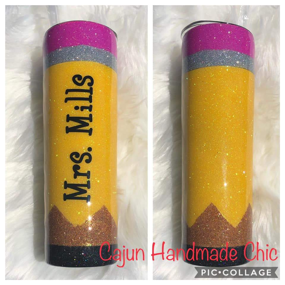 Pencil Design Glittered Stainless Tumbler