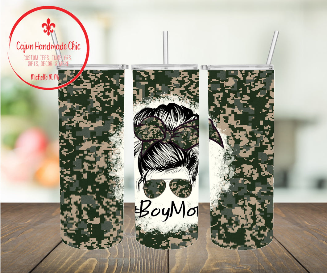 Boy Mom Camo Messy Bun Tumbler