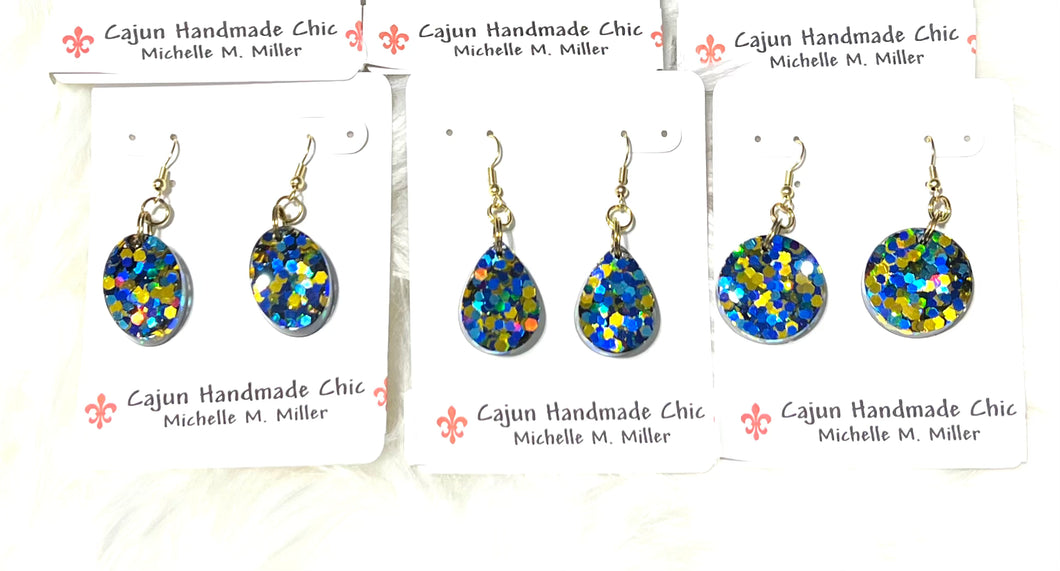 Blue & Gold Glittery Resin Earrings • Multiple Shapes to Close From