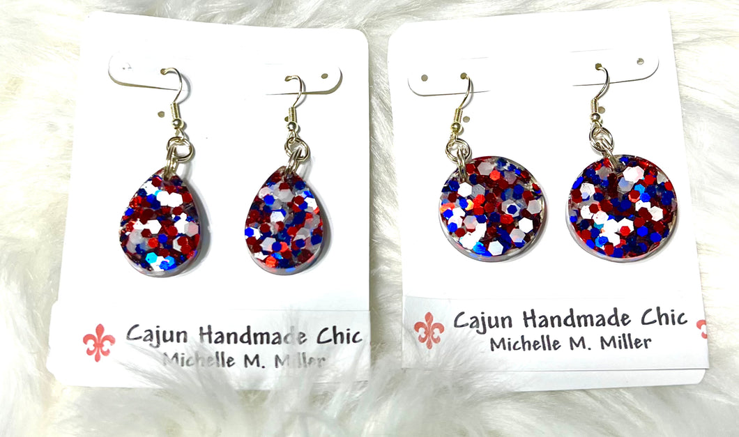 Red, White, & Blue Glittery Resin Earrings • Multiple Shapes to Close From