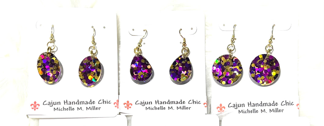 Purple & Gold Glittery Resin Earrings • Multiple Shapes to Close From