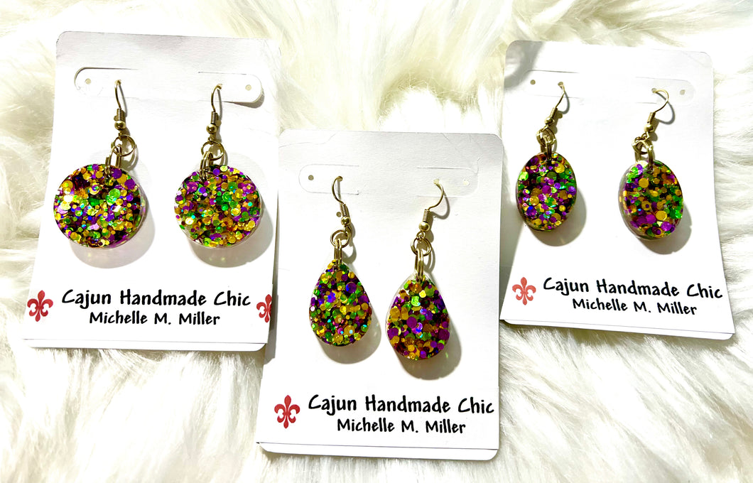 Mardi Gras 💜💛💚 Purple, Green, & Gold Glittery Resin Earrings • Multiple Shapes to Close From