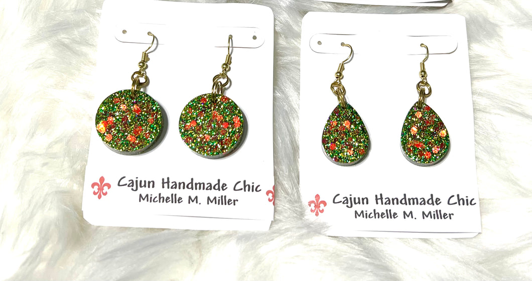 Green & Red Glittery Resin Earrings • Multiple Shapes to Close From